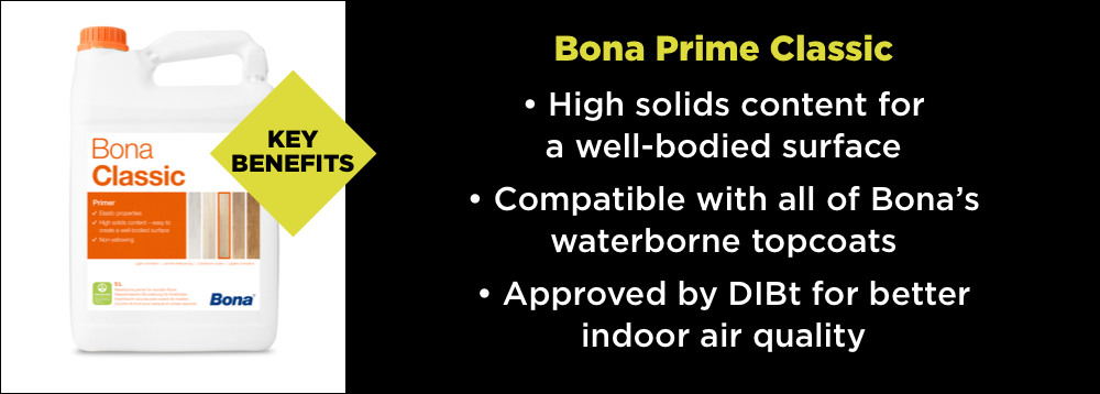 The key benefits of Bona Classic - High solids content for a well-bodied surface, compatible with all of Bona's waterborne topcoats, approved by DIBt.